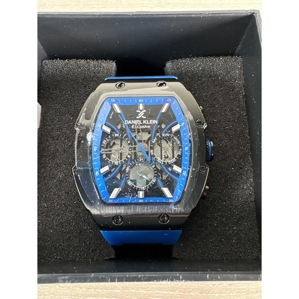 Daniel‎ Klein Exclusive Mens Watch Black Tonneau Blue Silicone Strap Multi-Dial